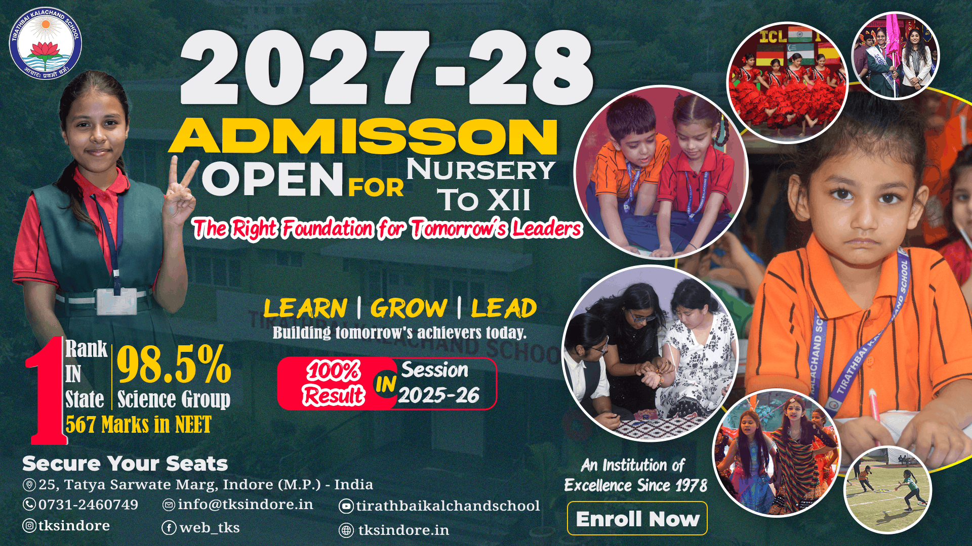 Admission Open 2027-28 at Tirathbai Kalachand School Indore ISO 21001 Certified