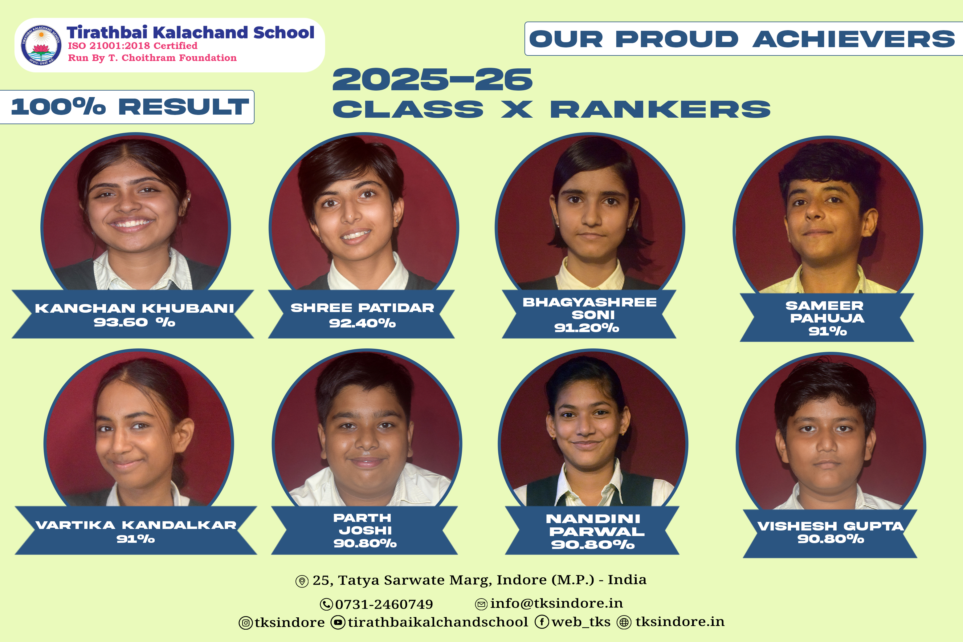 MP Board Class 10th Rankers 2026 Tirathbai Kalachand School Indore